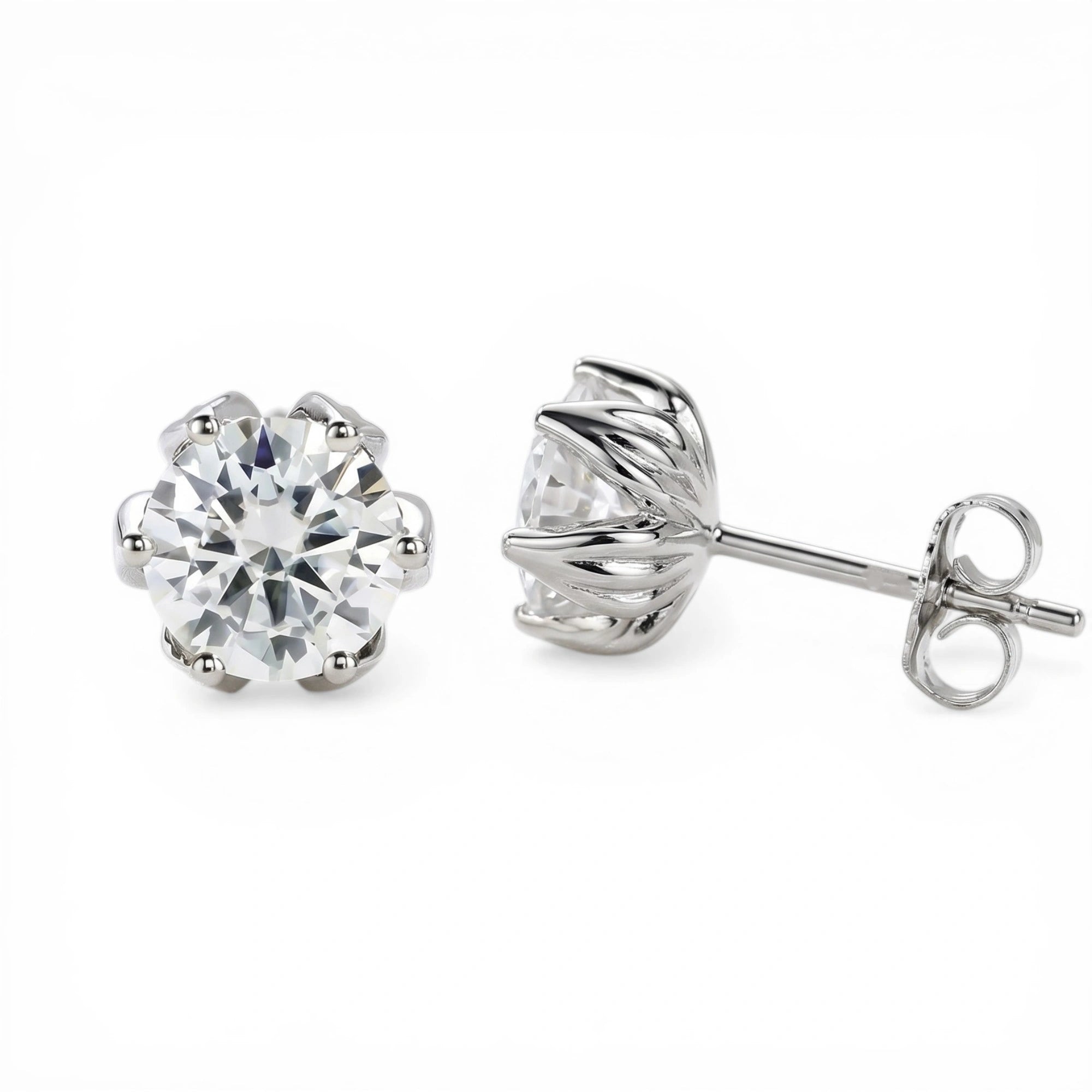 Tulip Solitaire Stud Earrings - 2.00ctw Brilliant Moissanite [2x 1CT] Aura Diamonds