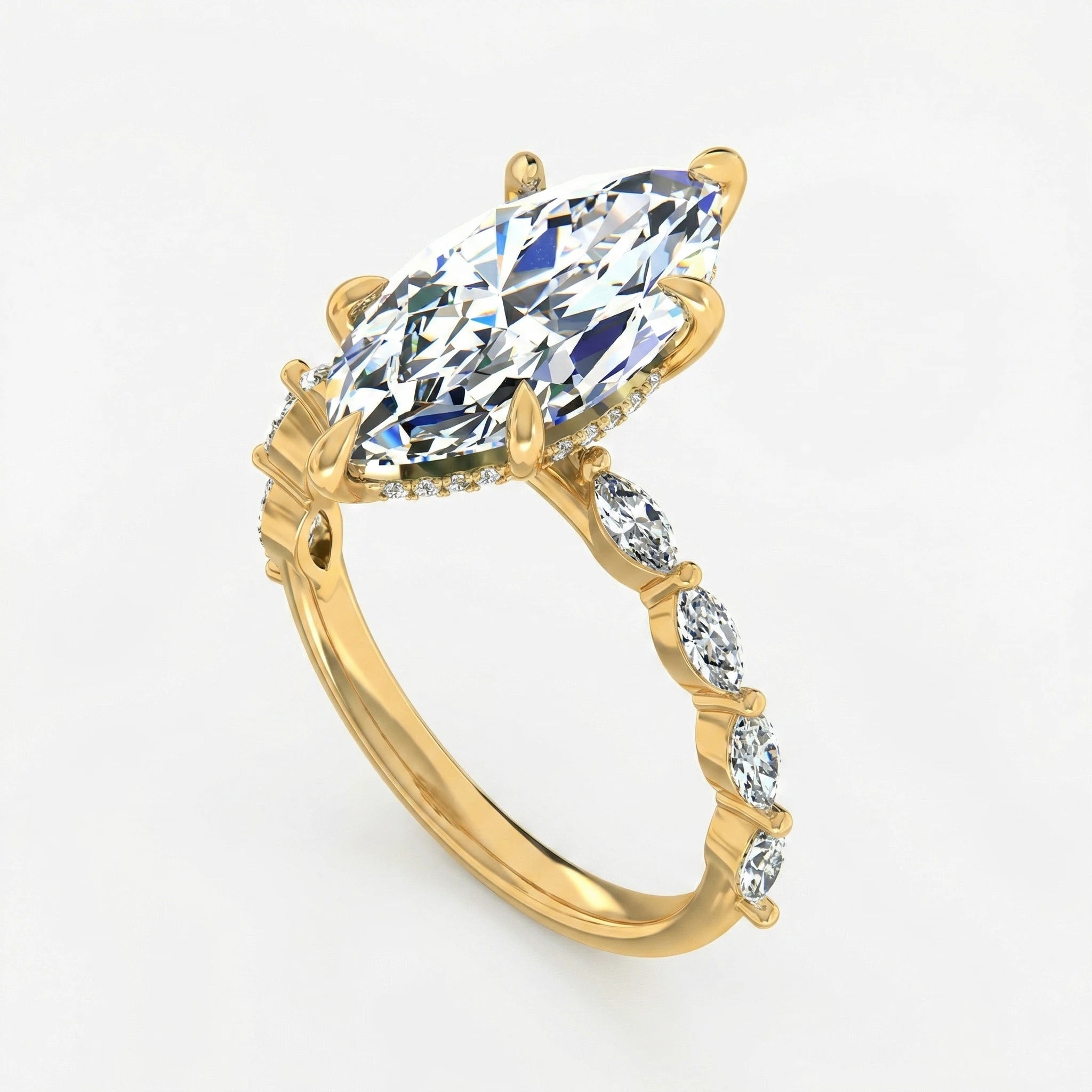 Tiara Marquise Ring | 2ct & 4ct Lab Diamond | Shared Prong Band | Solid Gold Aura Diamonds
