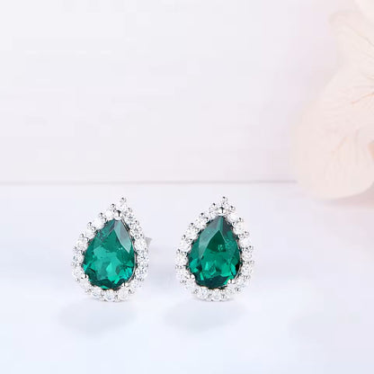 Elegant Natasha Pear-Cut Halo Emerald Stud Earrings | 2 x 1CT Each | Dark Green