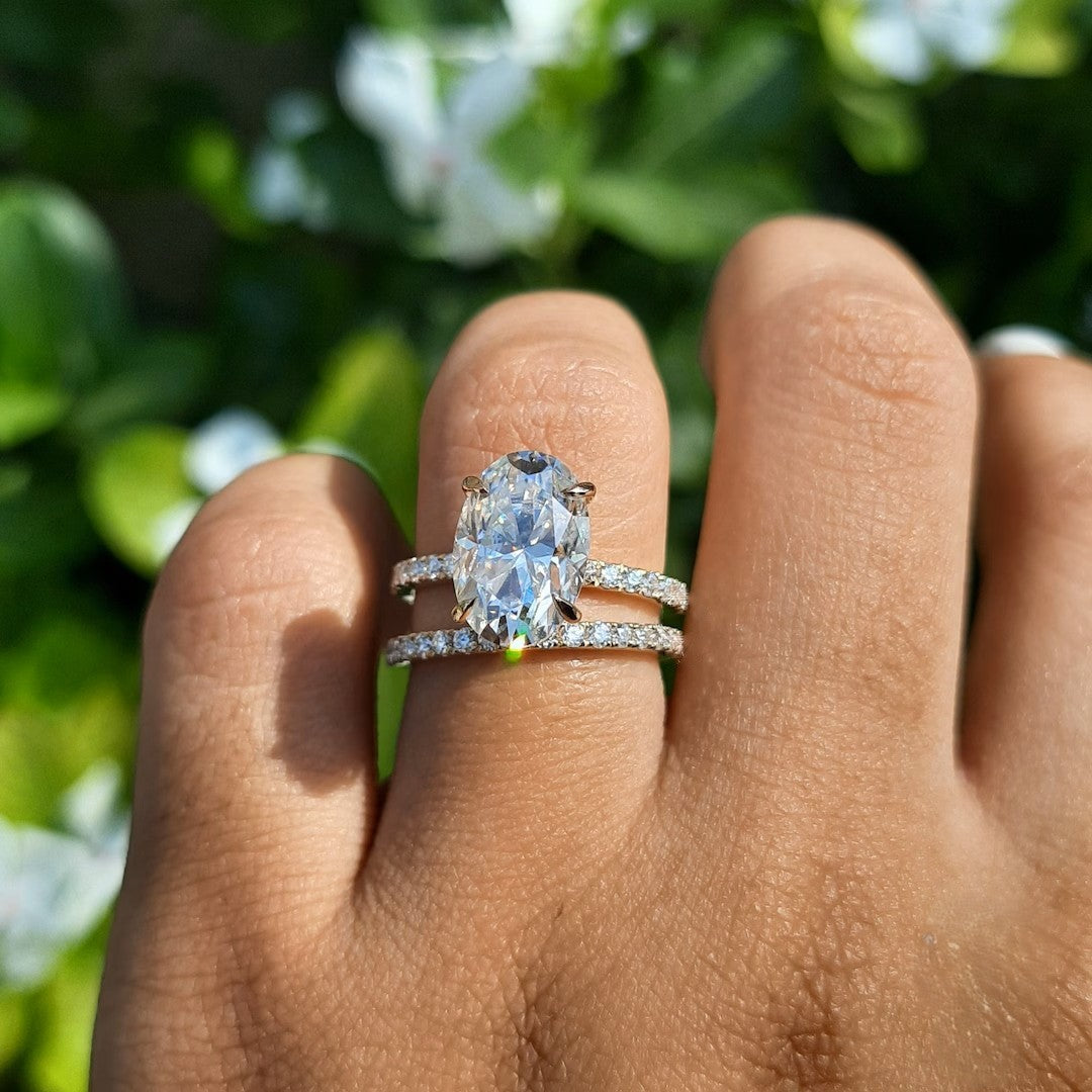 Aura 14K White Gold 3 Carat Oval Cut Ring with Pave Band | 14K Solid White Gold - Moissanite Aura Diamonds