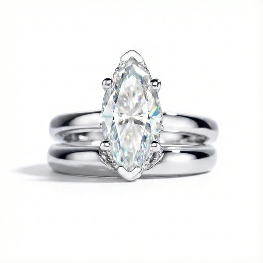 3 Carat Marquise Cut Moissanite Engagement Ring Set with Band