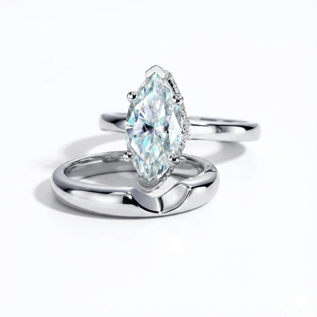 3 Carat Marquise Cut Moissanite Engagement Ring Set with Band Aura Diamonds