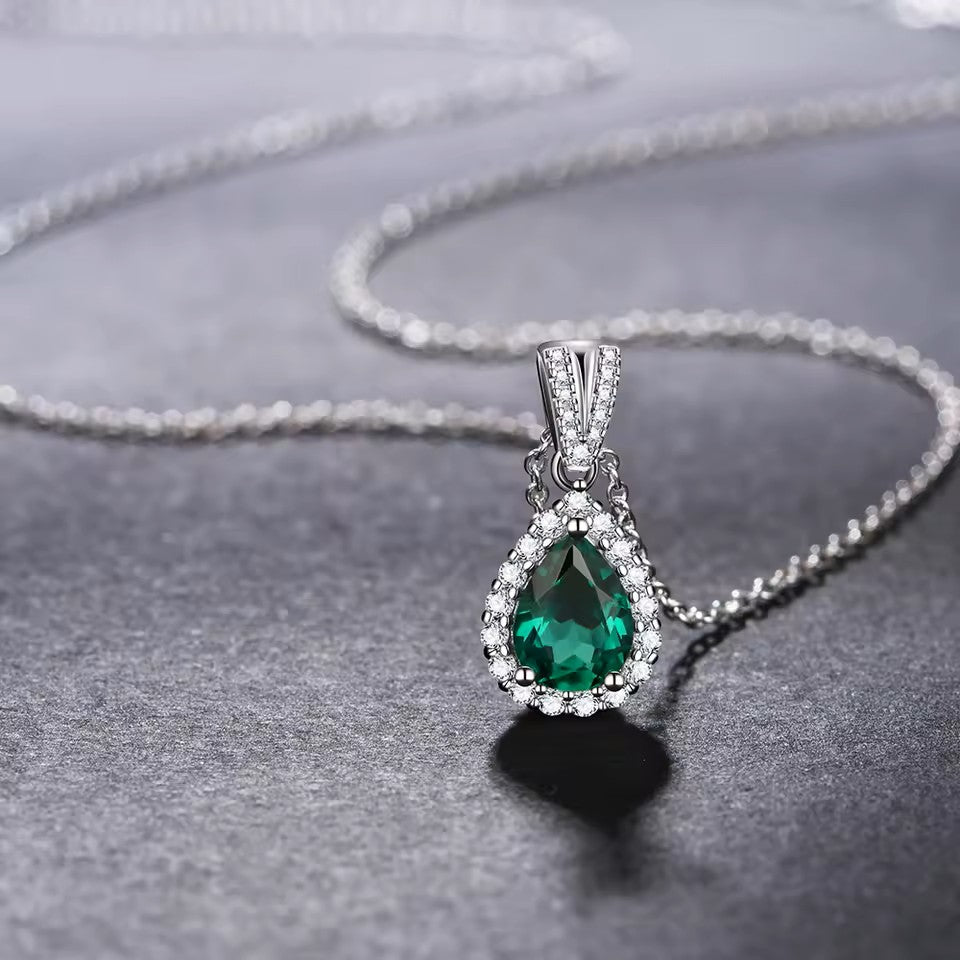 Elegant Pear Cut Emerald Halo Pendant | 1 Carat | Sterling Silver (Rhodium Plated) Aura Diamonds