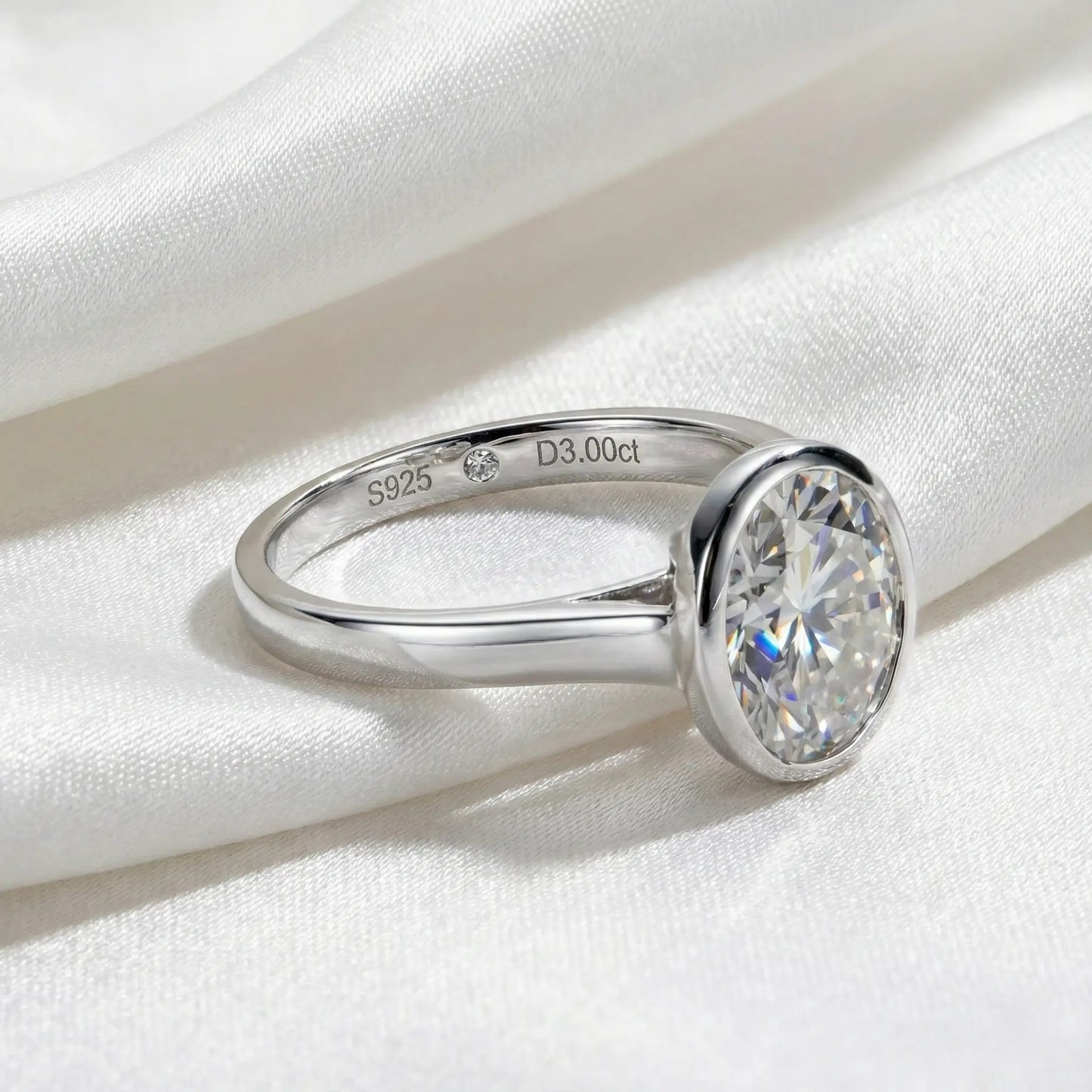 Oval Cut 3 Carat  Moissanite Bezel Solitaire Ring
