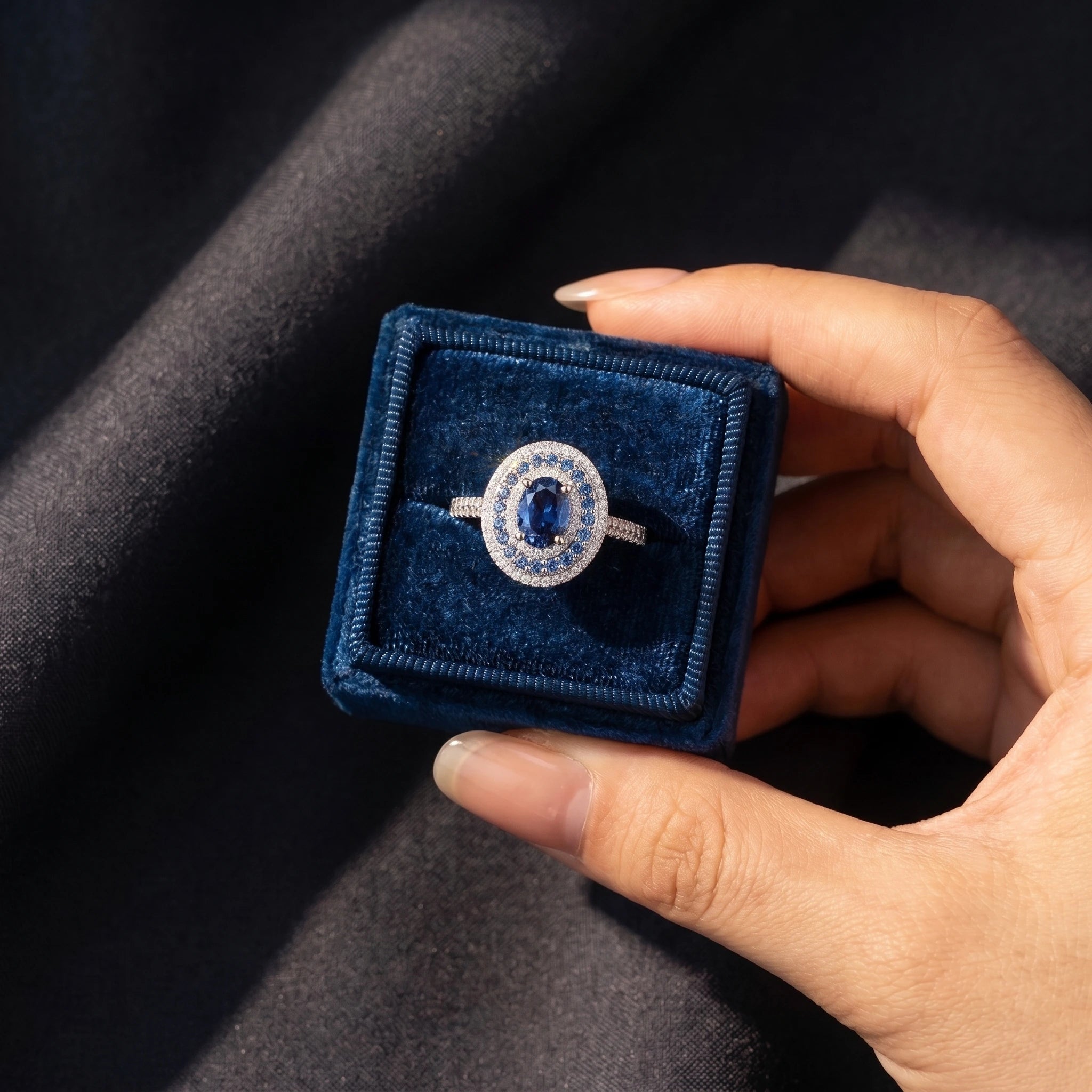 Celeste Oval Blue Moissanite Double Halo Ring Aura Diamonds