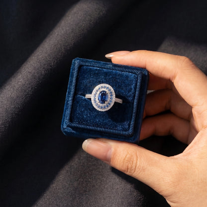Celeste Oval Blue Moissanite Double Halo Ring Aura Diamonds