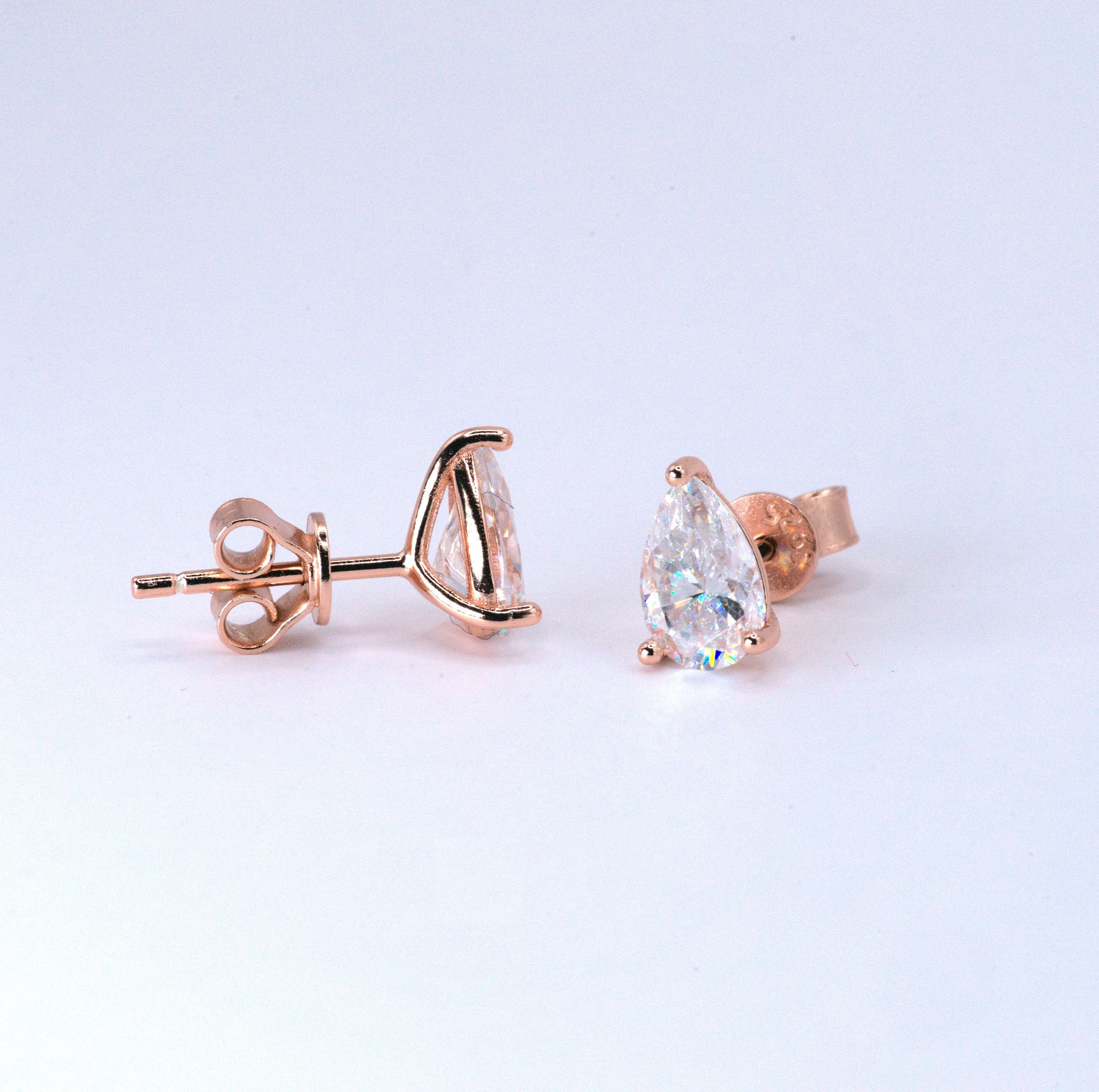 Elegant Pear Teardrop Stud Earrings - Rose Gold/White Gold Plated- 2/4/8 Carat Moissanite - Sterling Silver Aura Diamonds