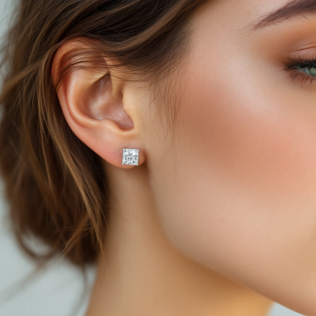 10K White Gold Princess Cut Stud Earrings with Sterling Silver Setting (Rhodium Plated)| Sparkling Moissanite Aura Diamonds