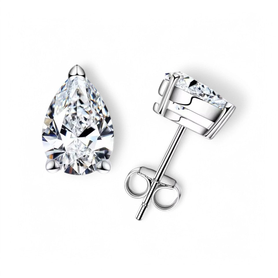 10K White Gold Teardrop Stud Earrings with Sterling Silver Setting (Rhodium Plated)| Sparkling Pear Cut Moissanite Aura Diamonds