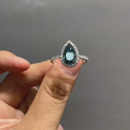 Pear Cut 3.5 Carat Blue-Green Halo Ring | 9K 14K 18K Solid Gold | Moissanite | Luxury Collection