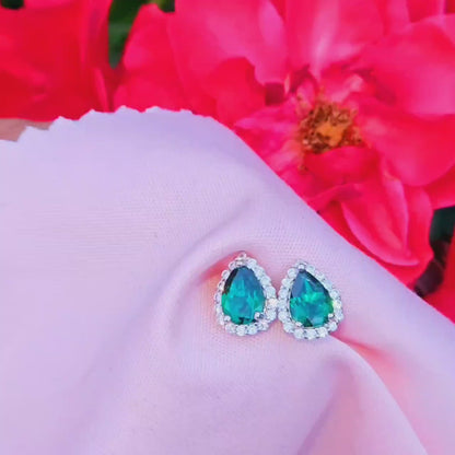Elegant Natasha Pear-Cut Halo Emerald Stud Earrings | 2 x 1CT Each | Dark Green