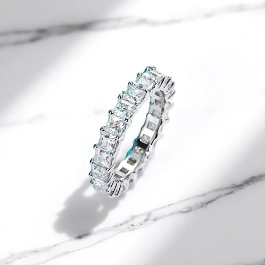 Luxury Princess Cut Eternity Band- White Gold - Moissanite/Lab Diamond (Rhodium Plated)