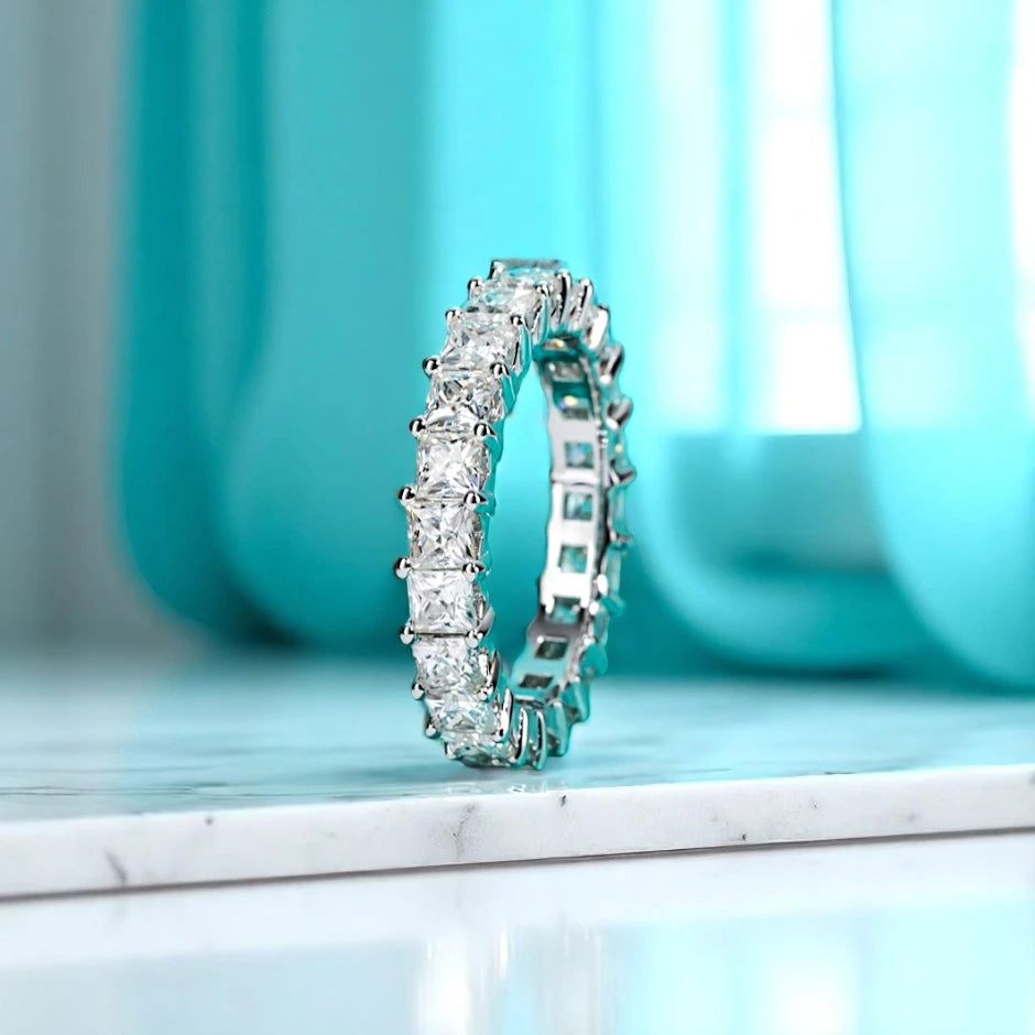 Luxury Princess Cut Eternity Band- White Gold - Moissanite/Lab Diamond (Rhodium Plated) Aura Diamonds