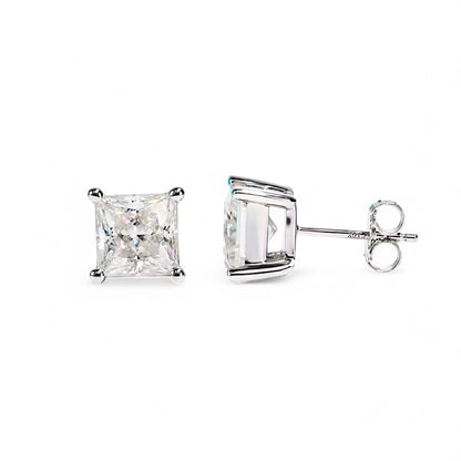 10K White Gold Princess Cut Stud Earrings with Sterling Silver Setting (Rhodium Plated)| Sparkling Moissanite