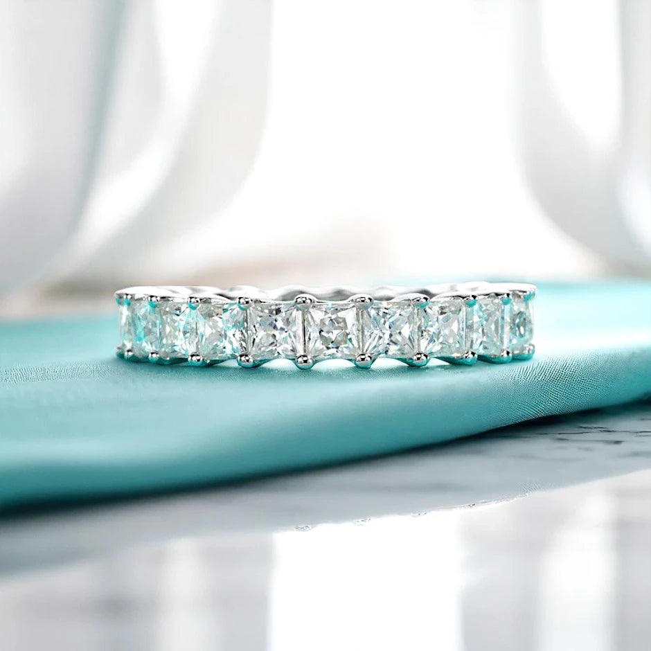 Luxury Princess Cut Eternity Band- White Gold - Moissanite/Lab Diamond (Rhodium Plated) Aura Diamonds
