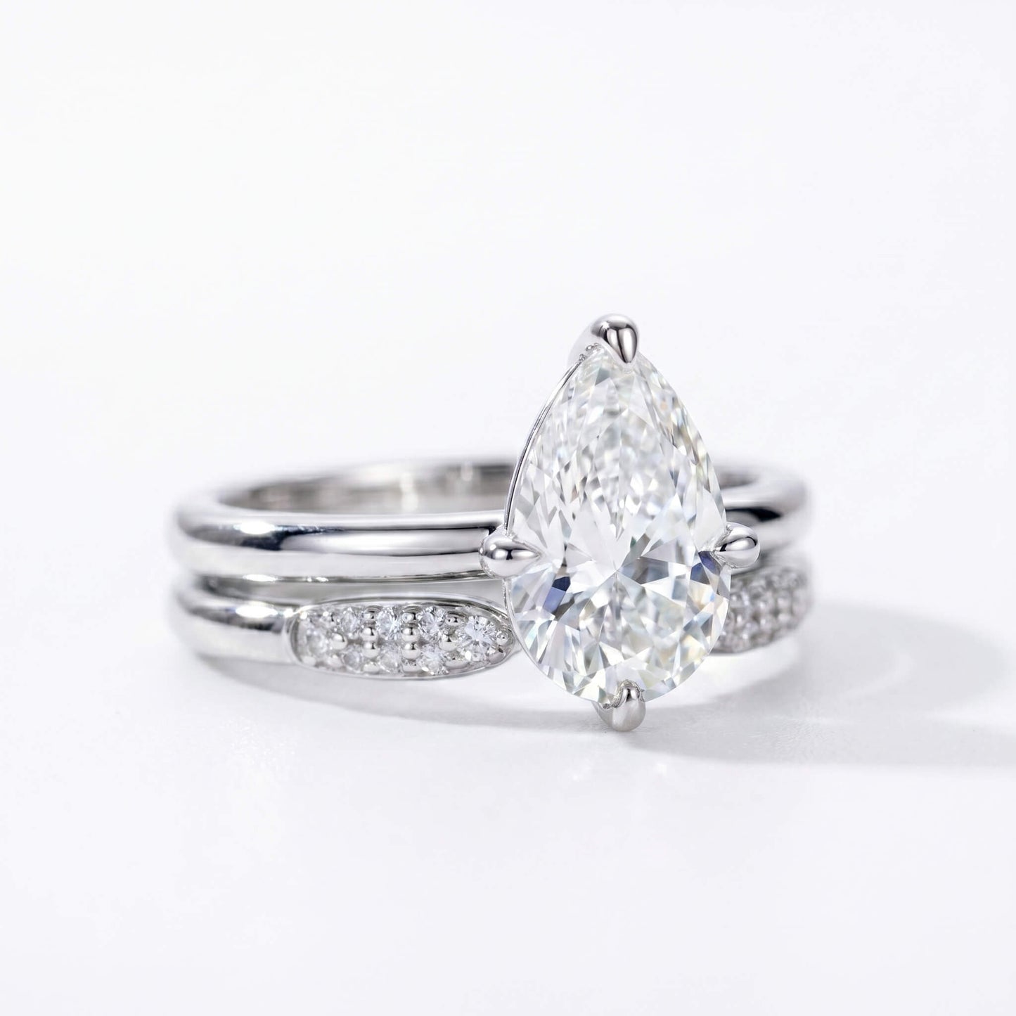 3 Carat Pear Cut Moissanite Engagement Ring Set with Band