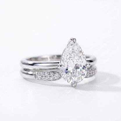 3 Carat Pear Cut Moissanite Engagement Ring Set with Band