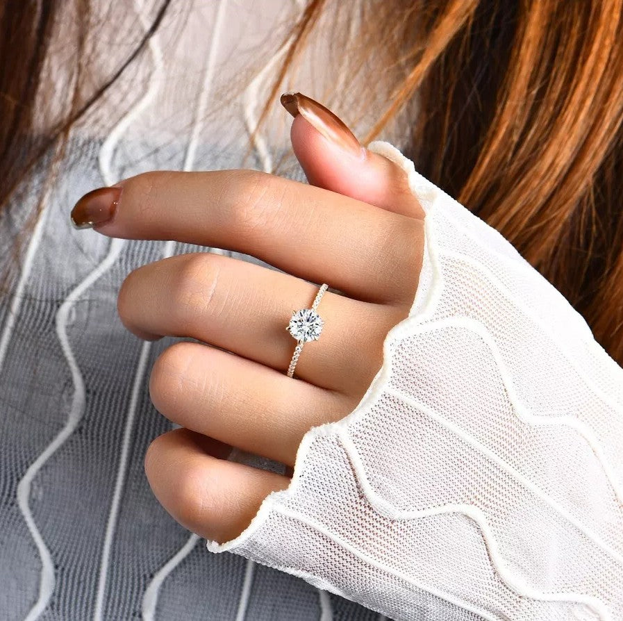 Luxury Elena Solitaire with Hidden Halo & Pave Band - Gold Vermeil - Moissanite Aura Diamonds