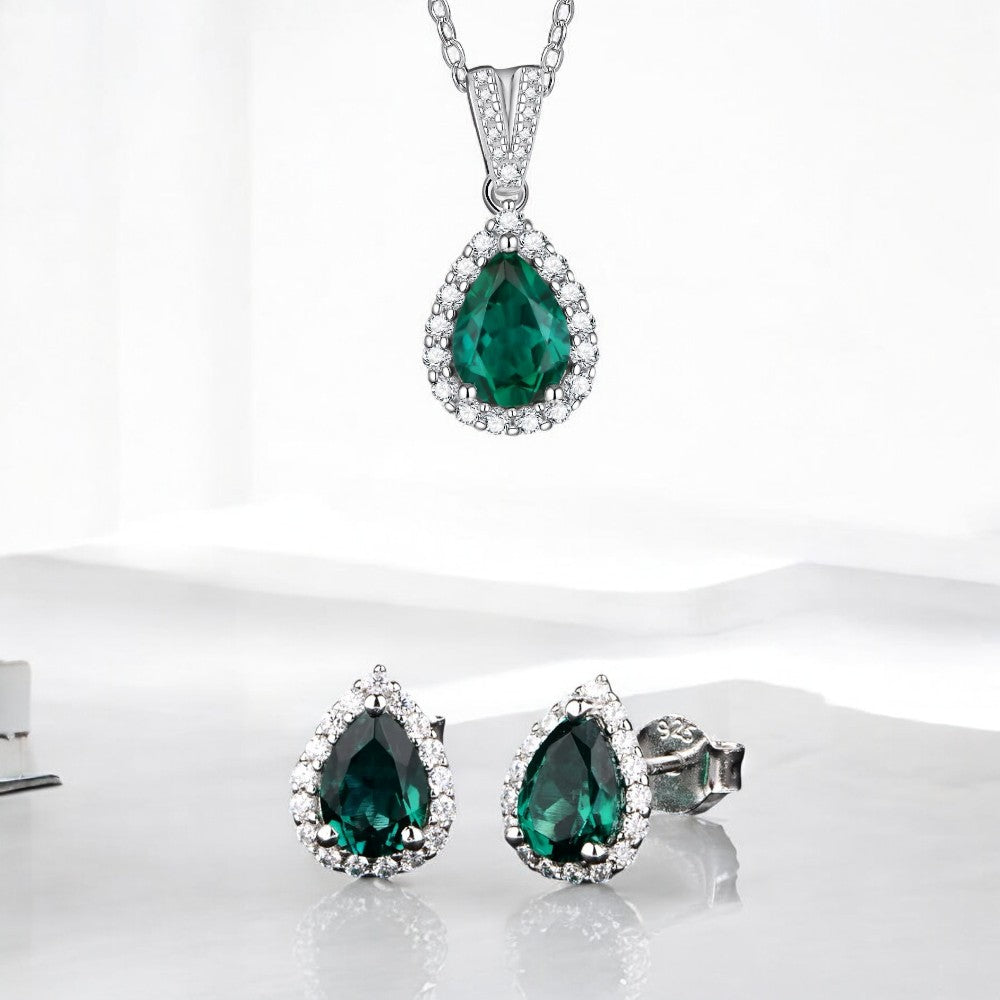 Elegant Pear Cut Emerald Halo Pendant | 1 Carat | Sterling Silver (Rhodium Plated) Aura Diamonds
