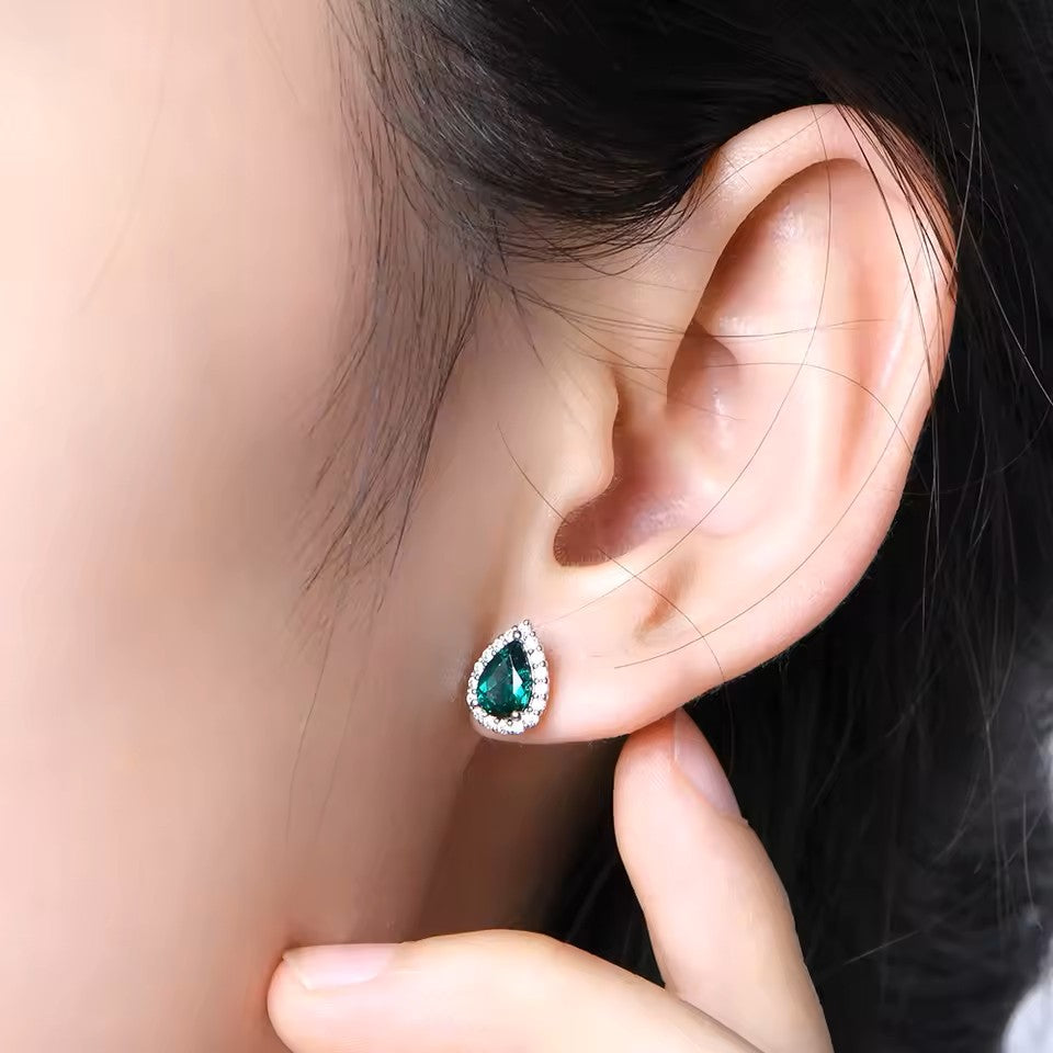 Elegant Natasha Pear-Cut Halo Emerald Stud Earrings | 2 x 1CT Each | Dark Green Aura Diamonds