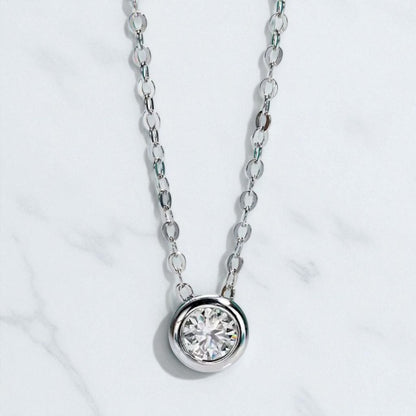 Aura Dainty Bezel Pendant with Chain - Moissanite (Rhodium Plated)