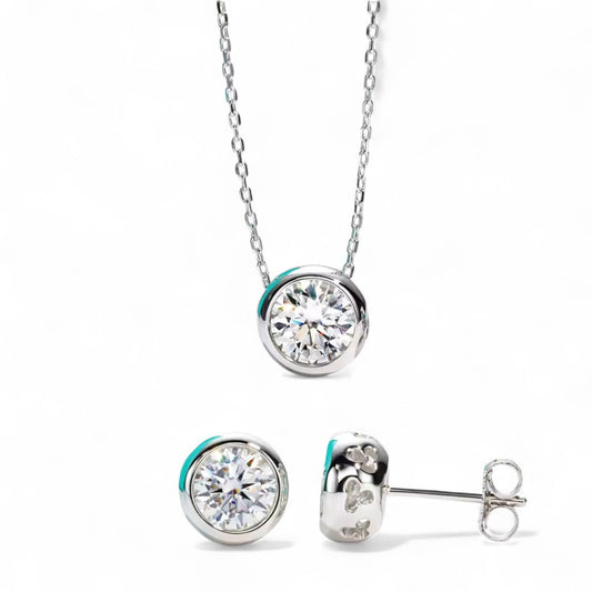 2 Carat Bezel Pendant and Earrings Set - Moissanite (Rhodium Plated)