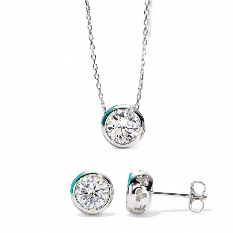 2 Carat Bezel Pendant and Earrings Set - Moissanite (Rhodium Plated) Aura Diamonds
