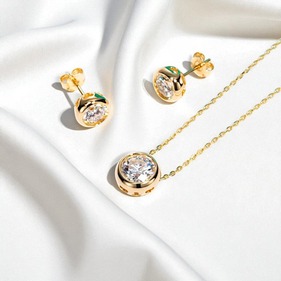 2 Carat Bezel Pendant and Earrings Set - Moissanite (Rhodium Plated) Aura Diamonds