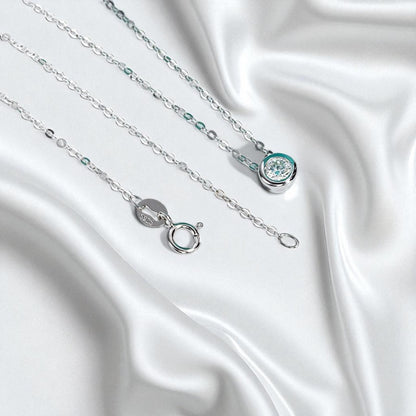 Aura Dainty Bezel Pendant with Chain - Moissanite (Rhodium Plated)
