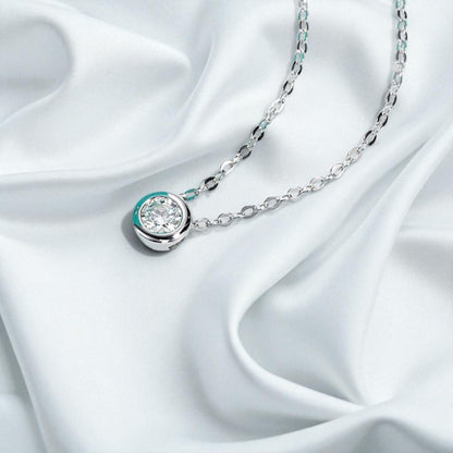Aura Dainty Bezel Pendant with Chain - Moissanite (Rhodium Plated)