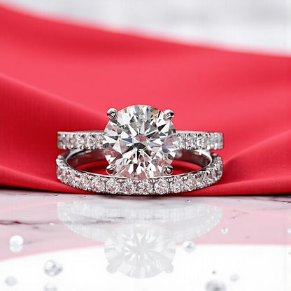 Luxury 3 Carat Ring Set 14K White Gold Round-Cut with Pave Band - Moissanite