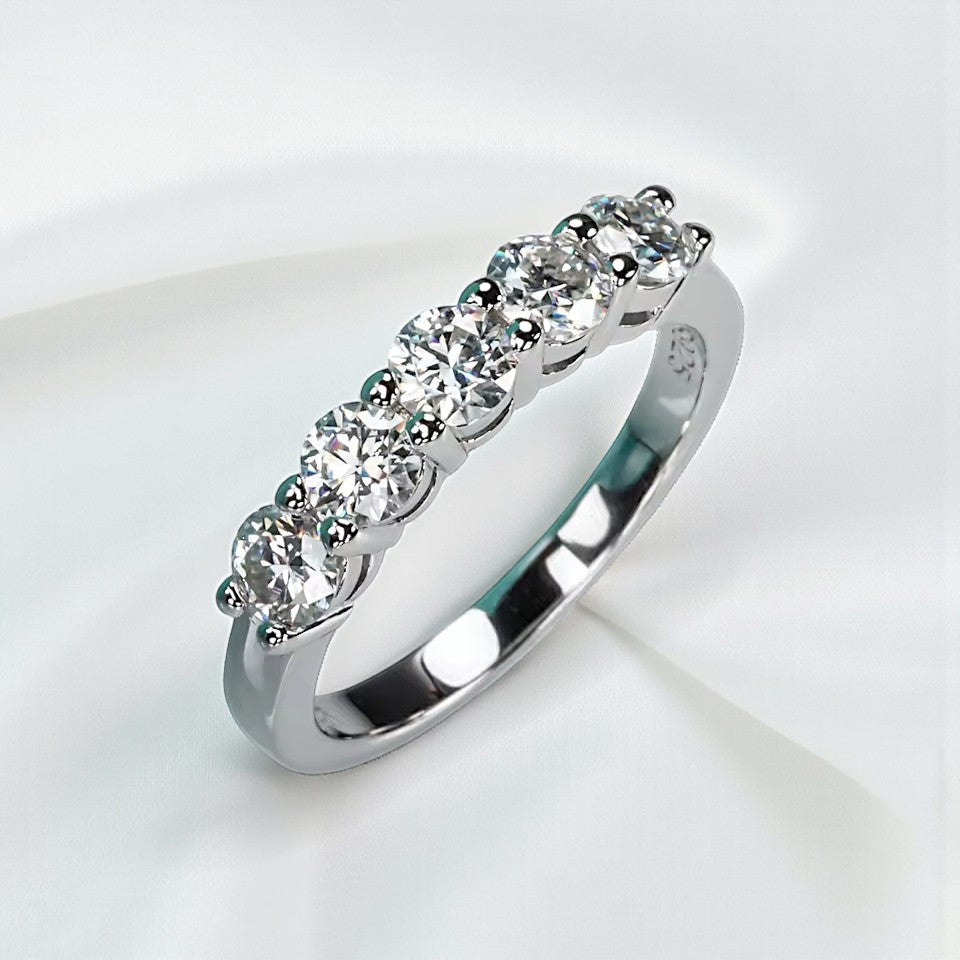 Luxury 5-Stone Ring/Band 4MM - Moissanite (Protective Rhodium Plated) Aura Diamonds