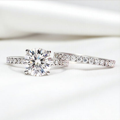 Luxury 3 Carat Ring Set 14K White Gold Round-Cut with Pave Band - Moissanite