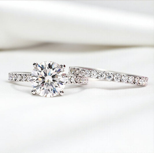 Luxury 3 Carat Ring Set 14K White Gold Round-Cut with Pave Band - Moissanite