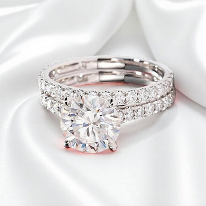 Luxury 3 Carat Ring Set 14K White Gold Round-Cut with Pave Band - Moissanite