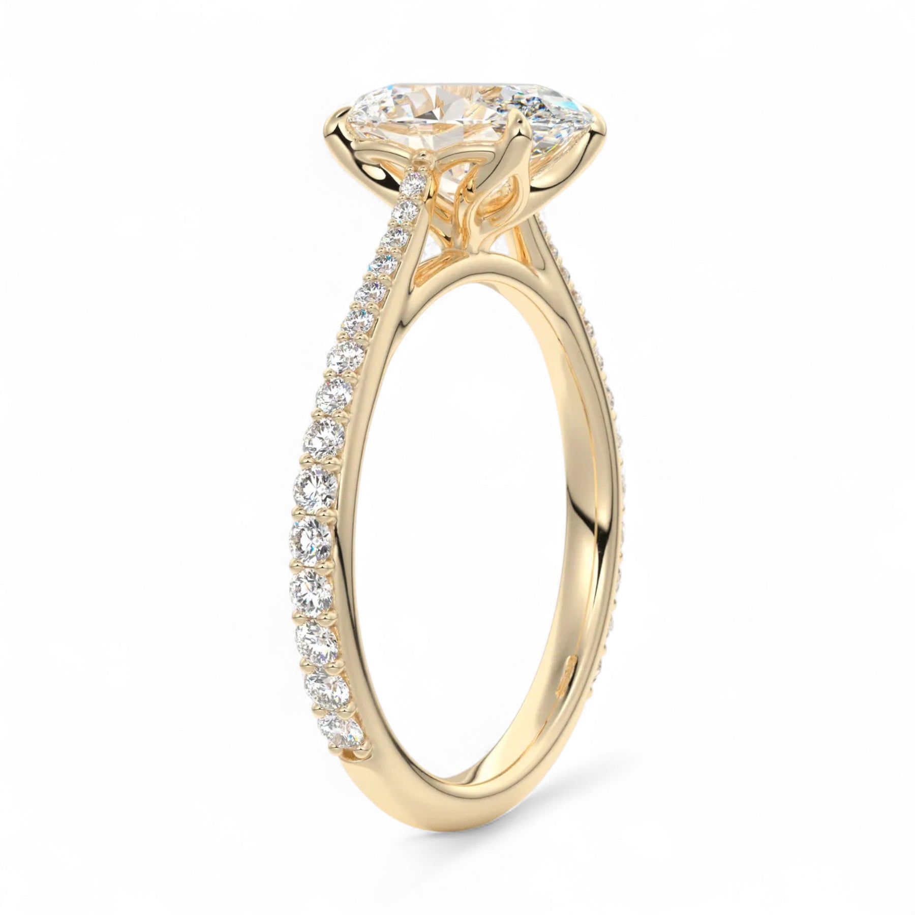 Oval 2 Carat Floral Cathedral Setting with Pave Band Lab Diamond Engagement Ring Aura Diamonds