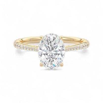 Oval 2 Carat Floral Cathedral Setting with Pave Band Lab Diamond Engagement Ring