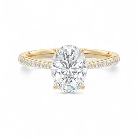 Oval 2 Carat Floral Cathedral Setting with Pave Band Lab Diamond Engagement Ring